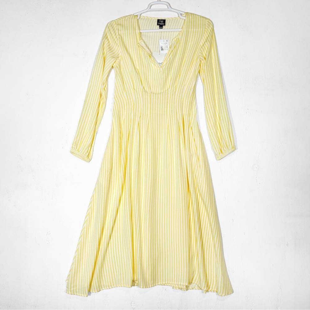 Oak & Trellis NEW Yellow Ivory Striped Midi Dress Womens L Pockets Smocked Retro